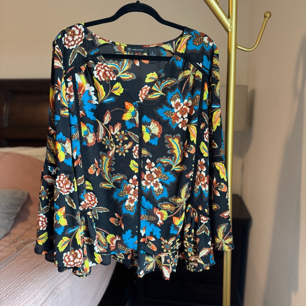 INC Black Floral Bell Sleeve Blouse - Size XL